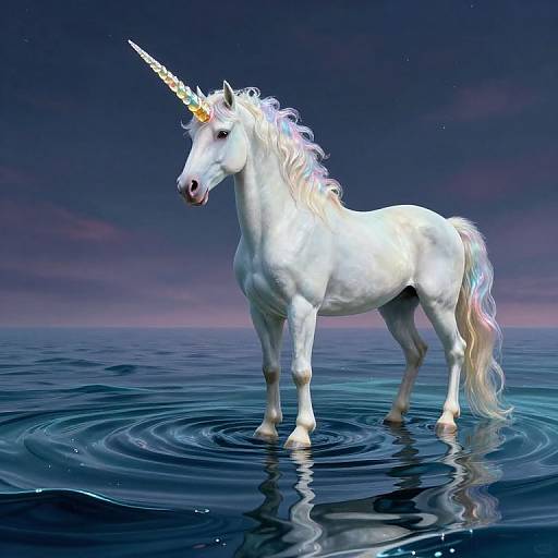 Photorealistic CGI of a white unicorn with a glowing golden horn, standing on rippling water under a twilight sky.