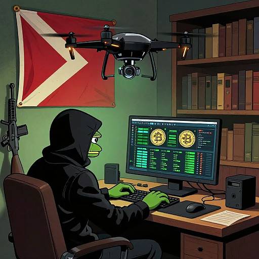 Digital illustration: Green-skinned, hooded figure with rifle, using drone-controlled computer; red and white flag, bookshelf, drone above desk.