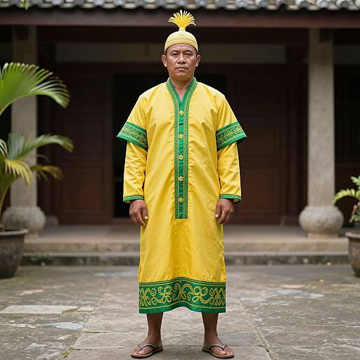 Photograph of a man standing in a traditional courtyard, wearing a bright yellow Chinese-style tunic with green embroidery, green-trimmed cuffs, and
