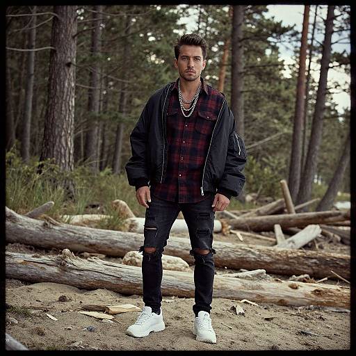 Photograph of a rugged man with short dark hair, wearing a black jacket, plaid shirt, black ripped jeans, and white sneakers, standing in