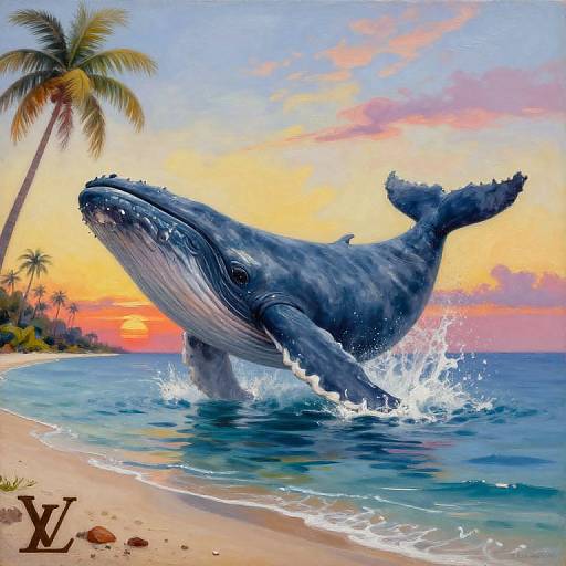 Digital artwork of a massive, splashing blue whale on a tropical beach at sunset, with palm trees and vibrant sky. 