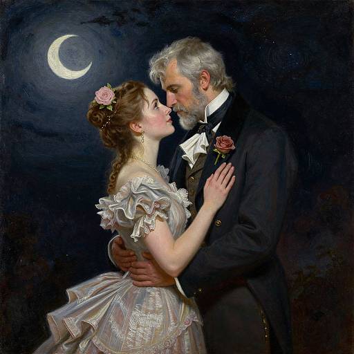 Romantic oil painting of an elderly man in a black suit and a young woman in a frilled white dress, moonlit, kissing under a cres