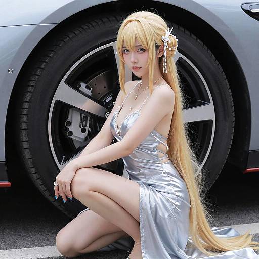 Digital art of a blonde cosplayer with long hair, wearing a shiny silver dress, kneeling in front of a car's black wheel.
