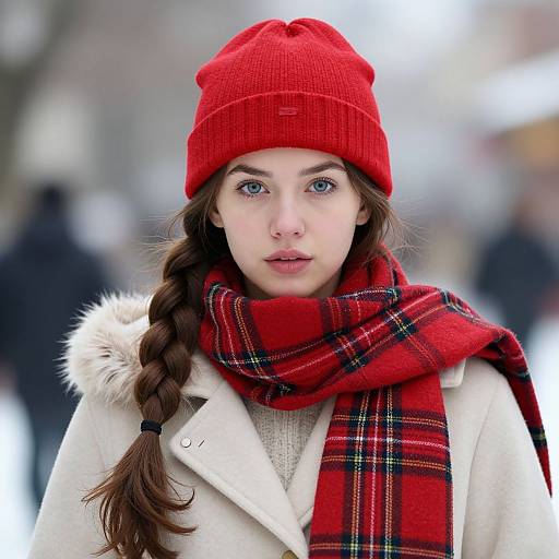 Photograph of a young woman with fair skin and blue eyes, wearing a red beanie, red plaid scarf, and white coat with fur collar