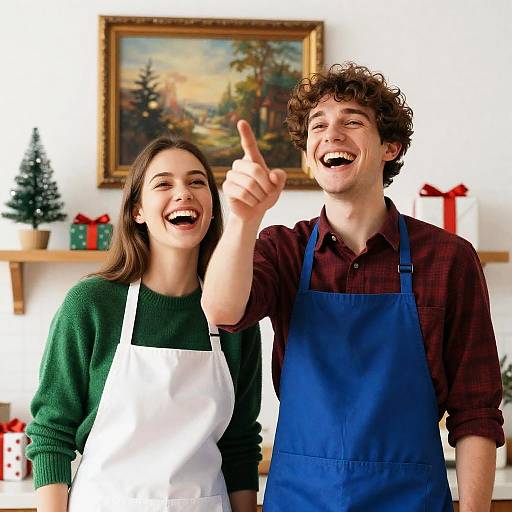 Young Couple Laughing in Kitchen with Christmas Decor