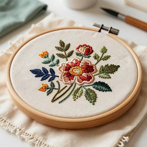 Photograph of a wooden embroidery hoop with colorful floral embroidery in red, orange, and blue on white fabric, set on a beige cloth with a pen