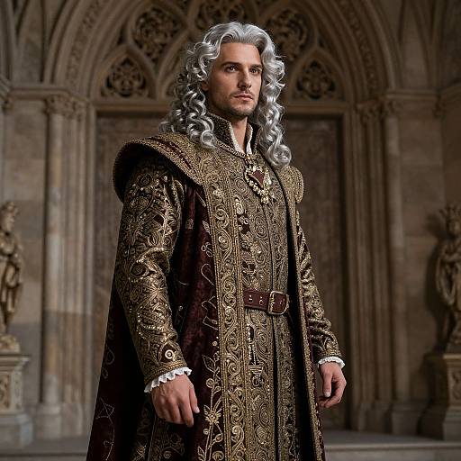 Photorealistic digital artwork of a silver-haired, fair-skinned man in ornate, medieval brown and gold robe, standing in a grand, stone