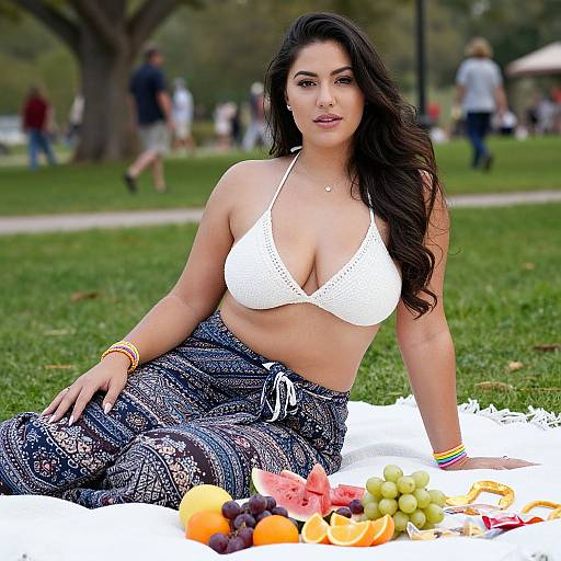 Photograph of a curvy woman with long black hair, wearing a white crochet bikini top and patterned pants, sitting on a picnic blanket in a