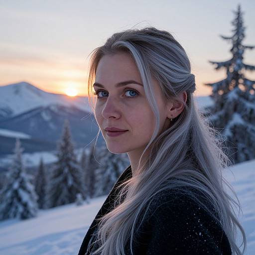 Photograph of a blonde woman with fair skin and blue eyes, wearing a black coat, standing in a snowy mountain landscape at sunset, with pine trees