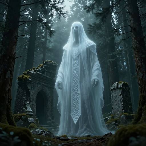 Eerie photograph of a translucent ghost in a white, patterned robe standing in a misty, dark forest with ancient, moss-covered ruins.