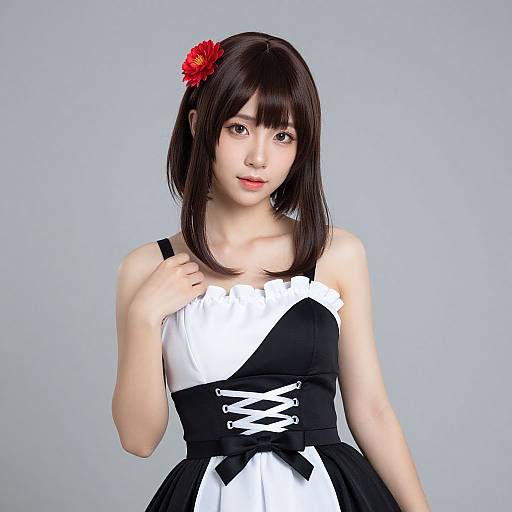 Digital portrait of an Asian woman with straight black hair, red flower, black-and-white dress, and light gray background.