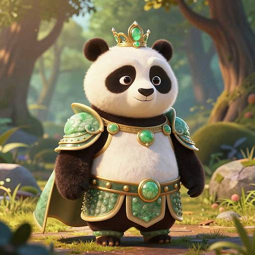 CGI image of a cute, chubby panda king in green gem-studded armor and crown, standing in a sunlit forest.