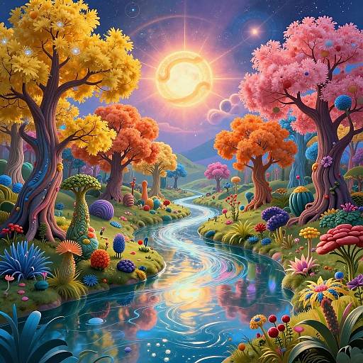 Surreal Fantasy Landscape with Glowing River