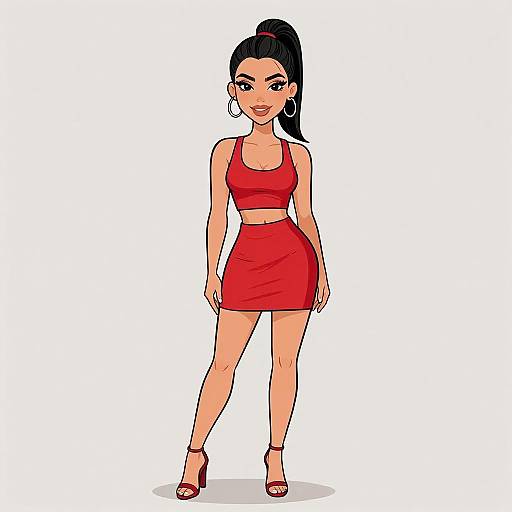 Digital illustration of a confident woman with fair skin, black hair in a high ponytail, wearing a red crop top and skirt, red high heels,
