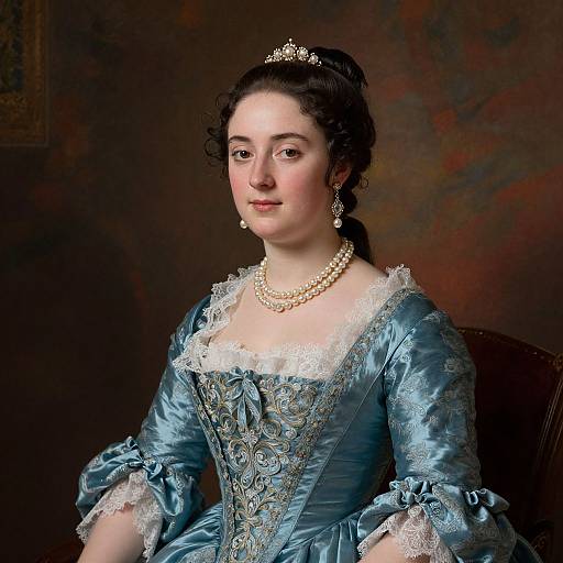 Photograph of a 19th-century European woman with fair skin, dark hair in an updo, wearing a blue satin dress with lace, pearl