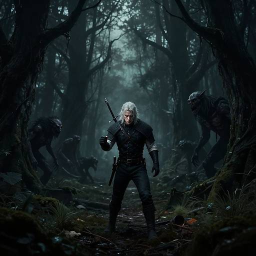 Dark forest scene: silver-haired man in black gear, sword, and pistol stands defiantly, three shadowy, menacing creatures lurking behind. Photoreal