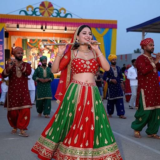 Photograph of a joyful Indian woman in a red and green traditional lehenga, singing with a flute in an outdoor festival setting, surrounded by men in
