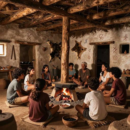 Mesolithic Shelter Interior with Families