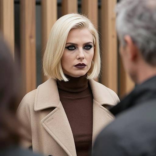 Serious woman in beige coat with platinum blonde bob haircut