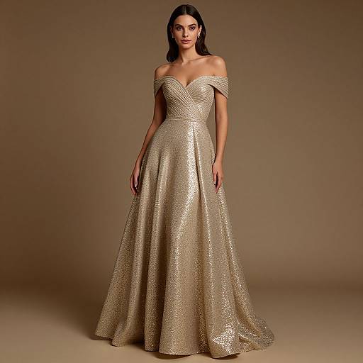 Elegant Woman in Golden Glitter Gown