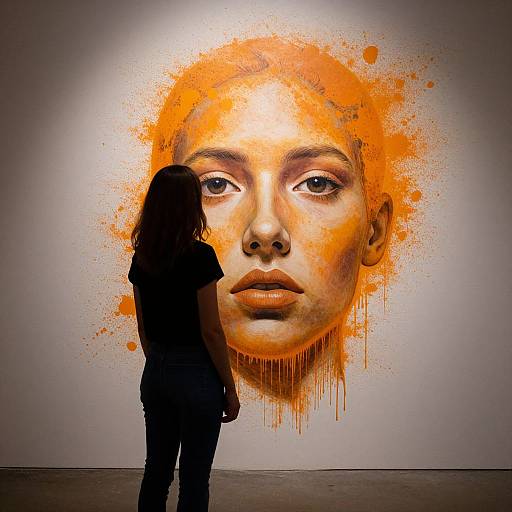 Photograph of a woman in silhouette standing before a large, vivid, orange-accented, hyper-realistic mural of a face on a grey wall