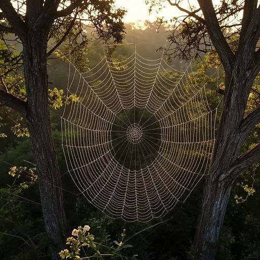 Photograph of a delicate spider web between two trees, illuminated by a golden sunset, with lush green foliage in the background.