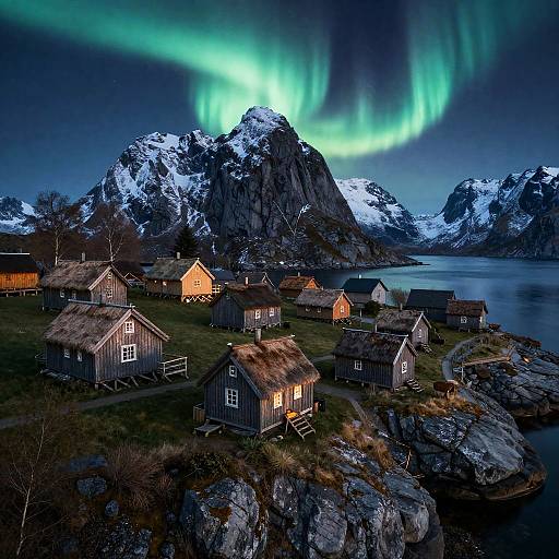 Aurora-Lit Viking Cliffside Village at Night