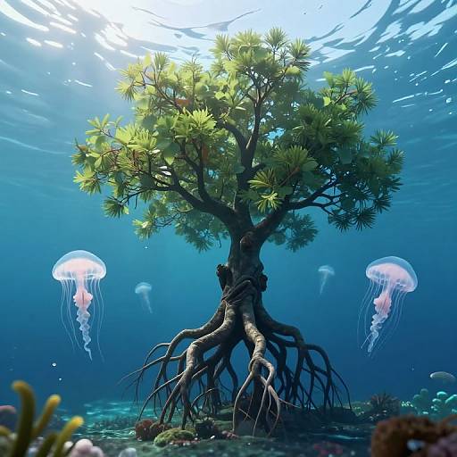 Photorealistic underwater scene: A rooted tree with green leaves, surrounded by glowing jellyfish, amidst a coral reef and ocean floor.