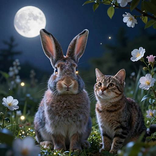 Photograph-like digital illustration of a large rabbit and small tabby kitten sitting under a full moon, surrounded by glowing flowers and illuminated by twinkling lights