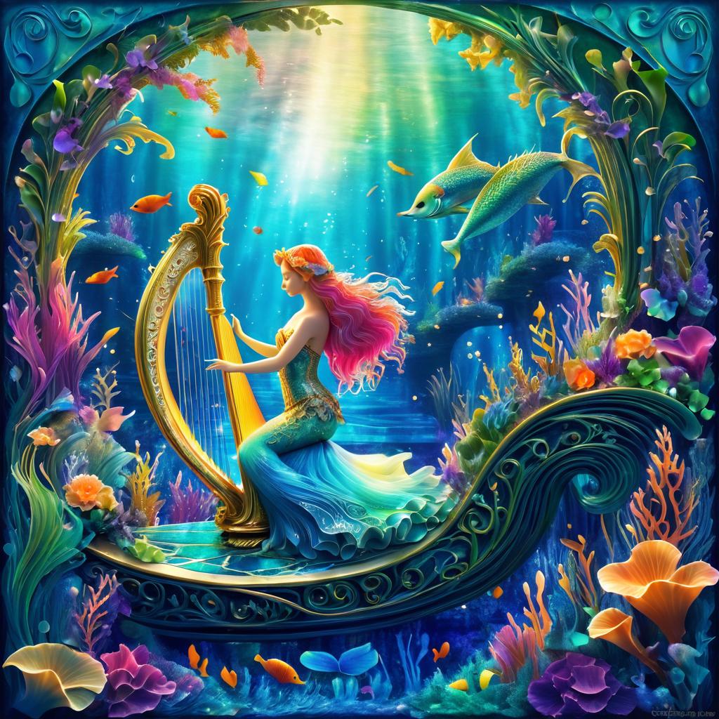 Enchanting Mermaid with Harp in Garden