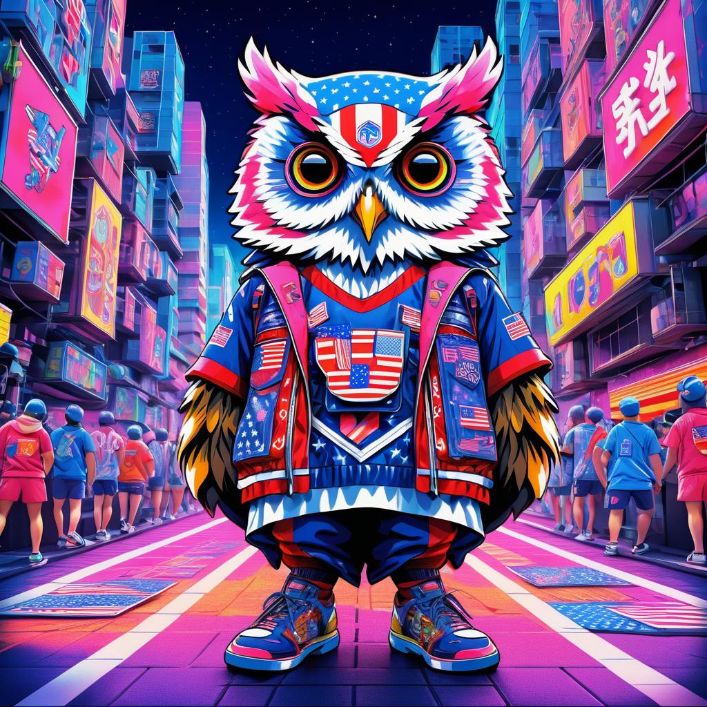 Vibrant Pop Art Owl in Cyberpunk Festival