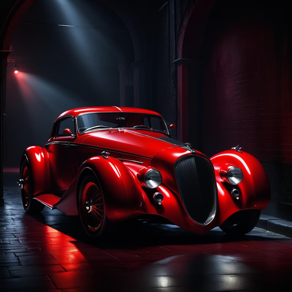 Dramatic Red Sports Car in Dark Alley