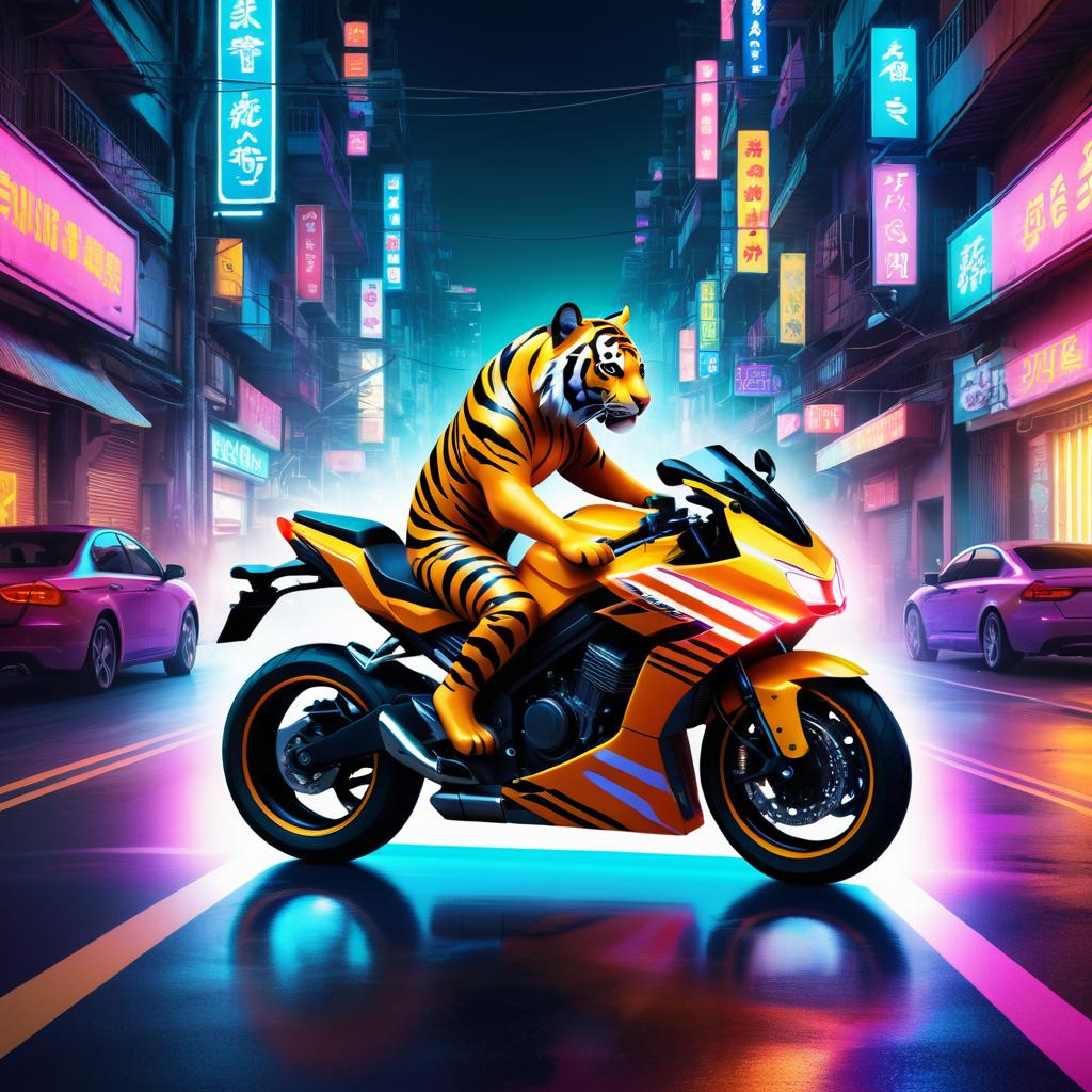 Futuristic Tiger Motorcycle in Neon Streets