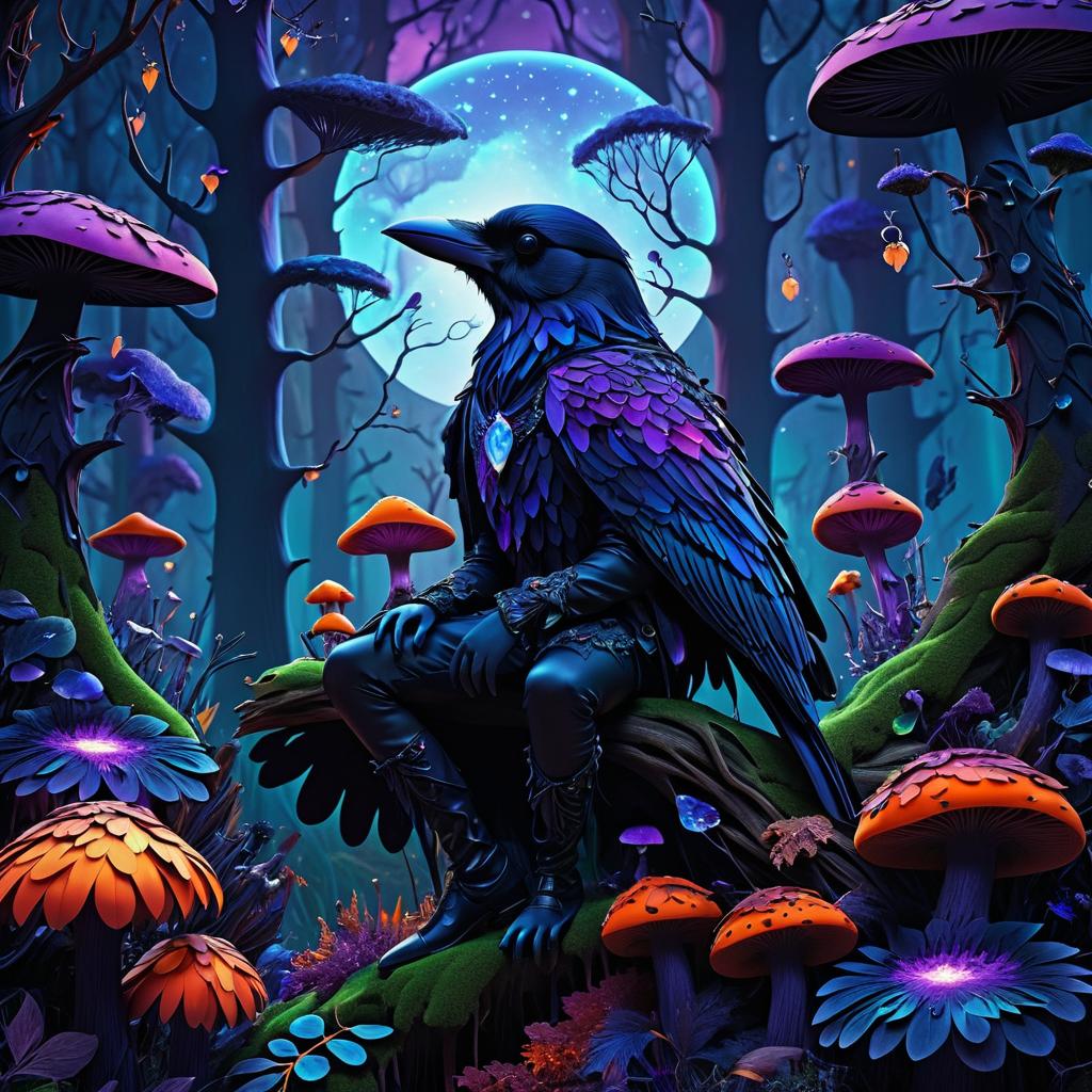 Whimsical Raven Boy in a Fungal Forest