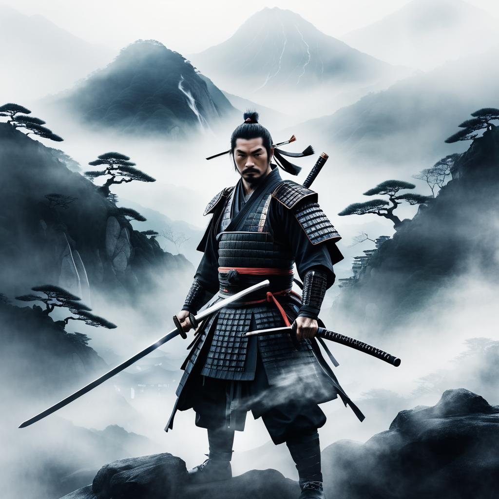 Fierce Samurai Portrait in Misty Mountains