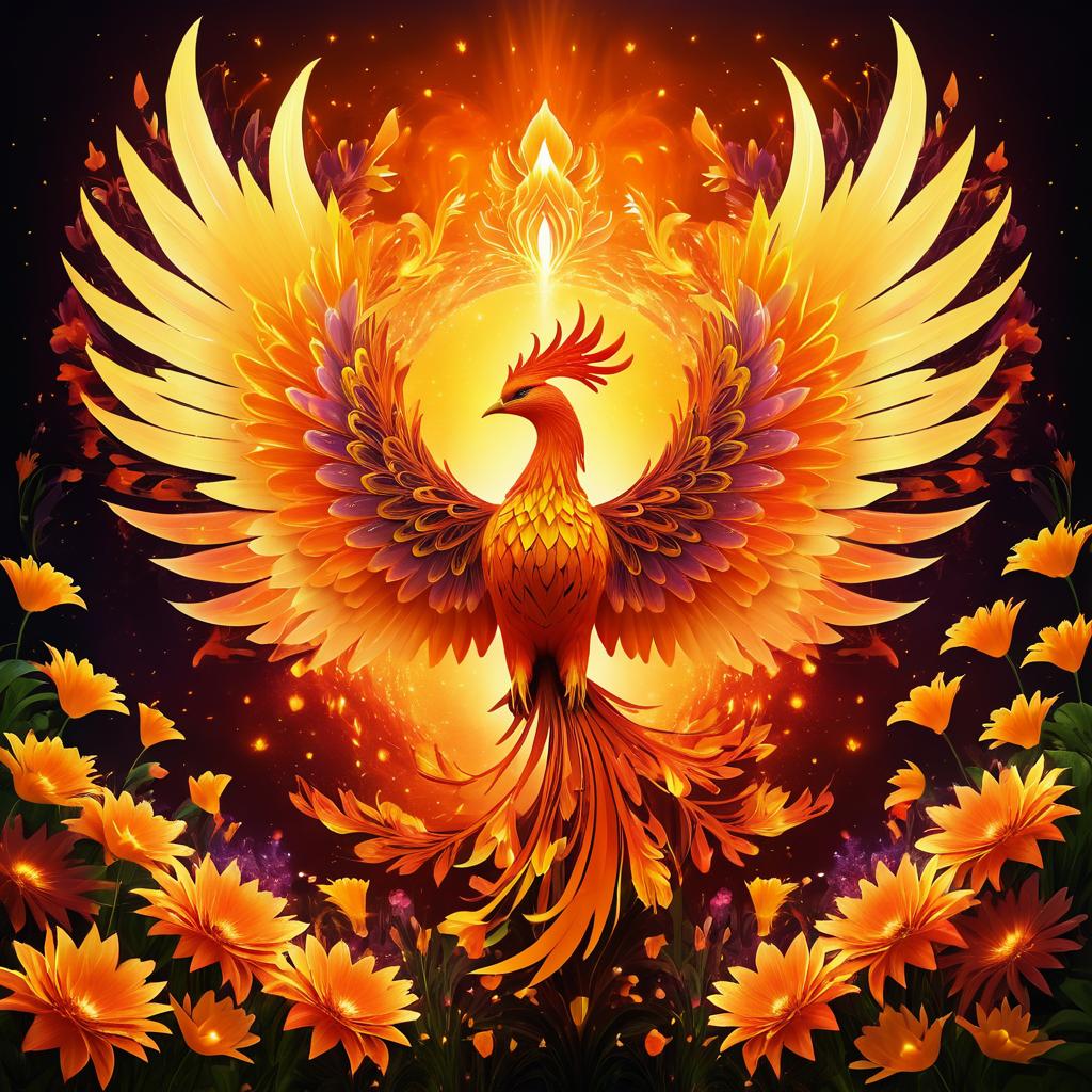 Surreal Phoenix Rising in Vibrant Garden