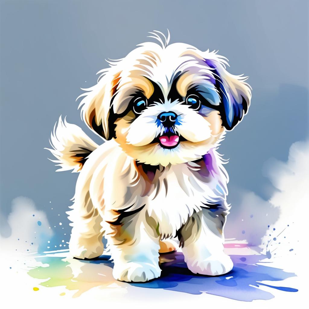 Adorable Shih Tzu Puppy Watercolor Illustration