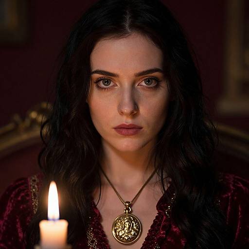 Close-up photograph of a serious young woman with long black hair, wearing a dark red velvet dress and a large, ornate pendant, illuminated by a