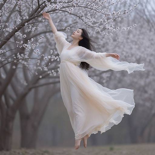 Photograph of an Asian woman with long black hair, wearing a flowing white dress, mid-air, reaching for cherry blossoms in a foggy forest