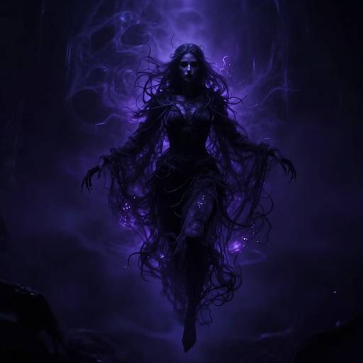 Digital art of a shadowy, ethereal female figure with long, flowing, tentacle-like hair, surrounded by purple mist and glowing orbs, floating