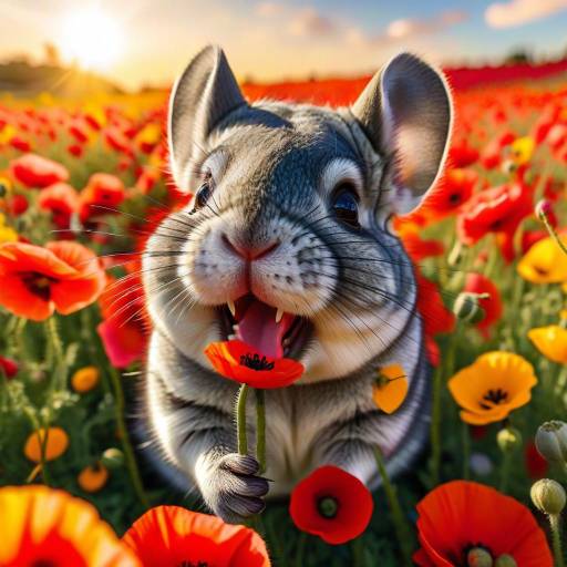 Playful Chinchilla in Poppy Field