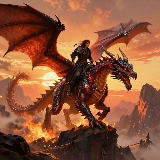 Digital fantasy artwork of a warrior with dark armor riding a fierce, red-scaled dragon amidst a fiery sunset over rocky mountains.