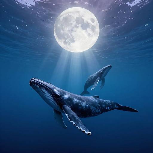 Photograph of a large, blue-gray whale with a smaller whale beside it, swimming beneath a luminous full moon in deep, dark blue ocean water