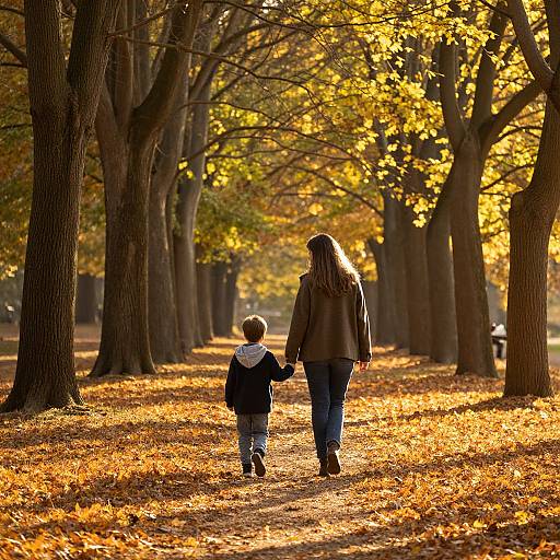 Photograph of a woman with long brown hair and a child walking hand-in-hand through a sunlit autumn park with golden leaves.