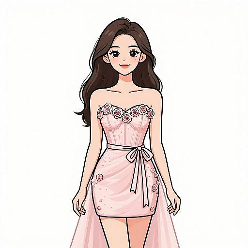 Digital anime-style drawing of a smiling woman with long brown hair, wearing a strapless pink dress with rose accents and a bow, against a white background