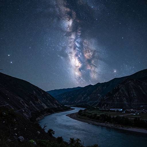 Photograph of a nighttime mountain landscape with a winding river under a brilliant, star-filled sky displaying the Milky Way galaxy.