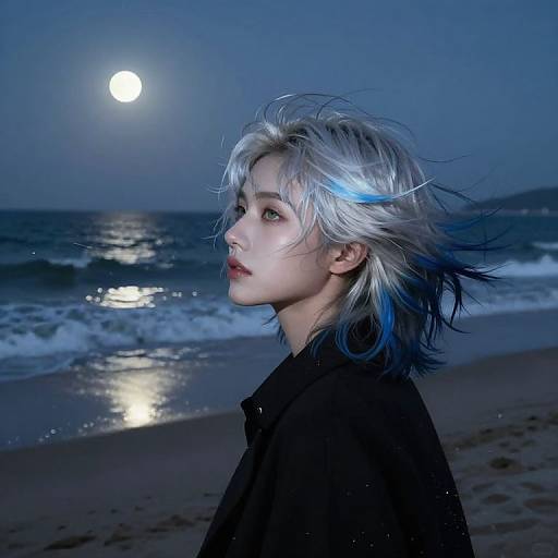 Photograph of a pale-skinned woman with silver-blue hair, wearing a black coat, gazing at the moonlit ocean at dusk.