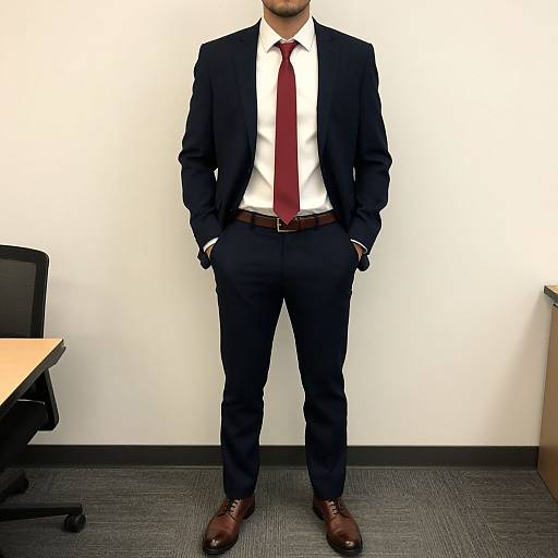 Photograph of a man in a black suit, white shirt, red tie, and brown shoes, standing in an office with hands in pockets.