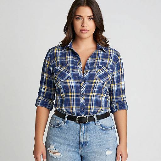 Photograph of a woman with dark hair, wearing a blue and yellow plaid shirt, black belt, and ripped blue jeans, standing against a white