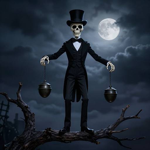 Digital artwork of a skeletal figure in a black top hat and pinstripe suit, standing on a tree branch, holding two cauldrons, under